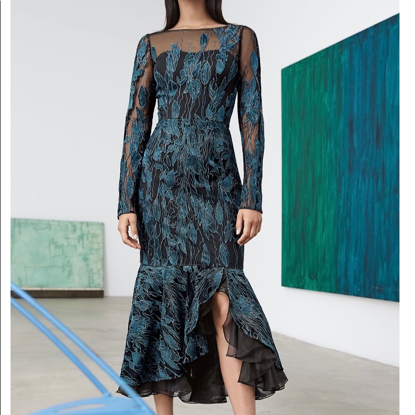 David Meister Metallic Embroidered Ruffle Dress 2